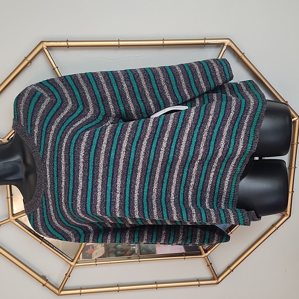 Liz Claiborne NWT Crew Neck Sweater Stripe Grey's & Green Teal 3/4 Sleeves $44